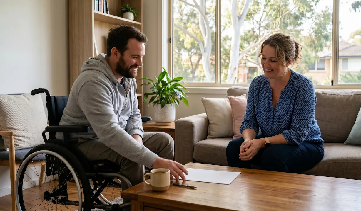 A person smiling while receiving personalised disability support in a bright home setting.