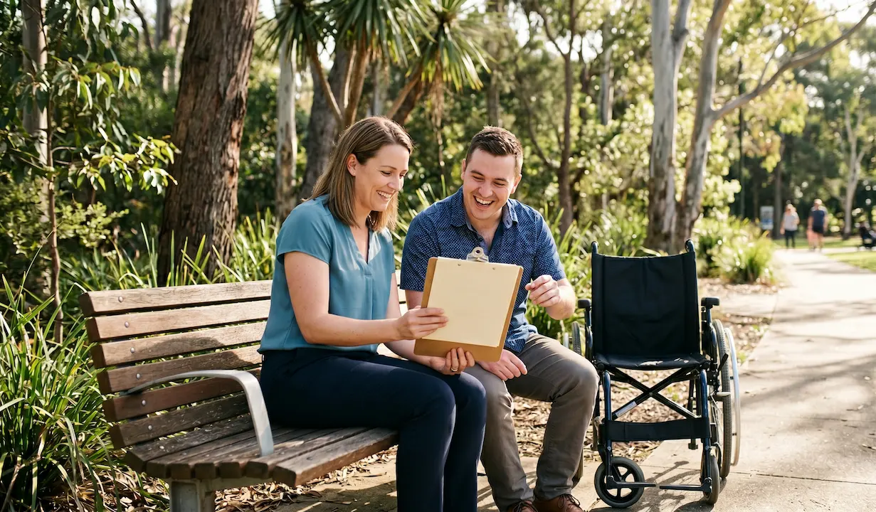 A friendly support worker and a client looking at NDIS plan documents together in Baulkham Hills.