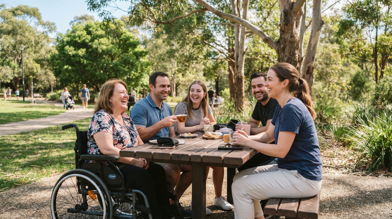 NDIS social activities Baulkham Hills 2153 group enjoying outdoor park session.
